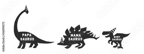 Cute dinosaurs family: papa saurus, mama saurus, baby dino saurus. Doodle b-day party t-shirt design. Funny dino anniversary. Textile design for baby boy on white background. Vector illustration