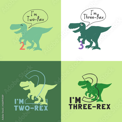 Dinosaur birthday party, 2 and 3 years, I am three rex, I am two rex. Cute dinosaur doodle b-day t-shirt design. Funny dino anniversary. Textile for baby boy on white background. Vector illustration
