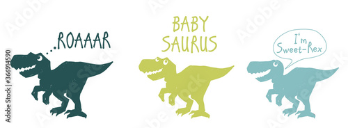 Roar dinosaurus, baby saurus, sweet dino baby. Cute dinosaur doodle t-shirt design. Funny Dino collection. Textile design for baby boy on white background. Cartoon monster vector illustration.