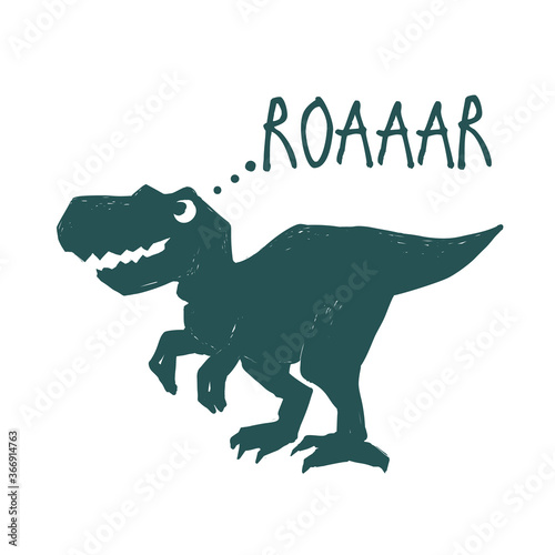 Roar dino. Cute dinosaur doodle t-shirt design. Funny Dino collection. Textile design for baby boy on white background. Cartoon monster vector illustration.