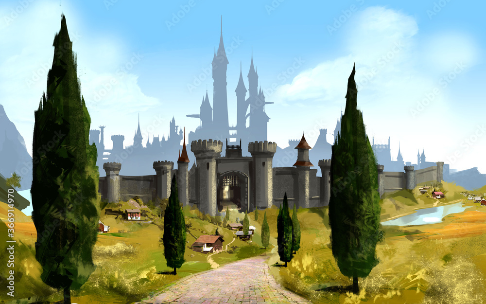 A medieval fantasy city with high walls, wide gates, towers, and a stone road leading to it. 2D illustration.