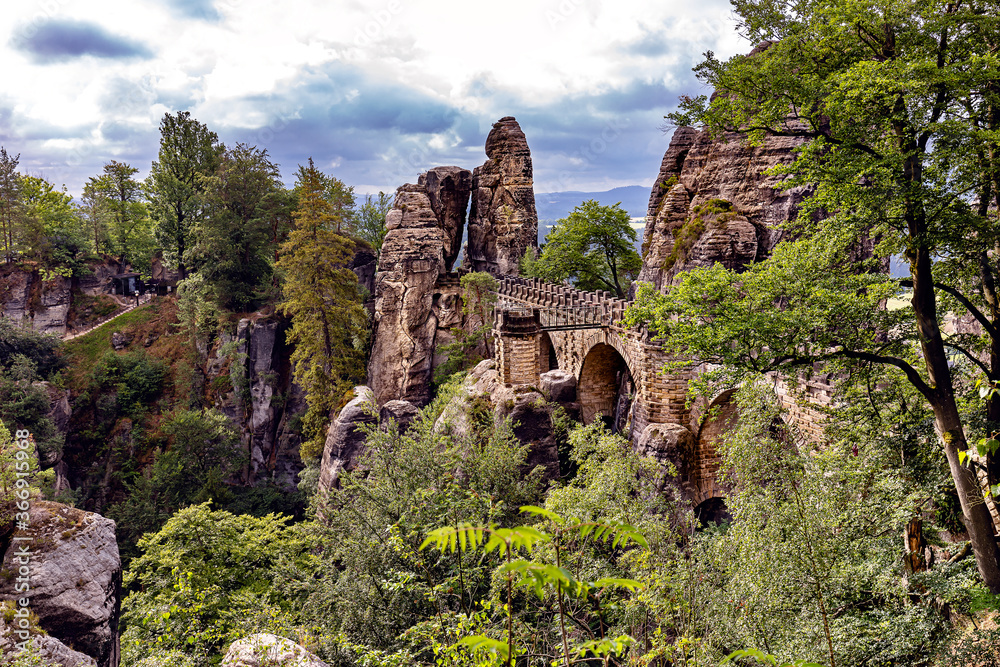 Bastei, view of the Bastei bridge and stone gate.