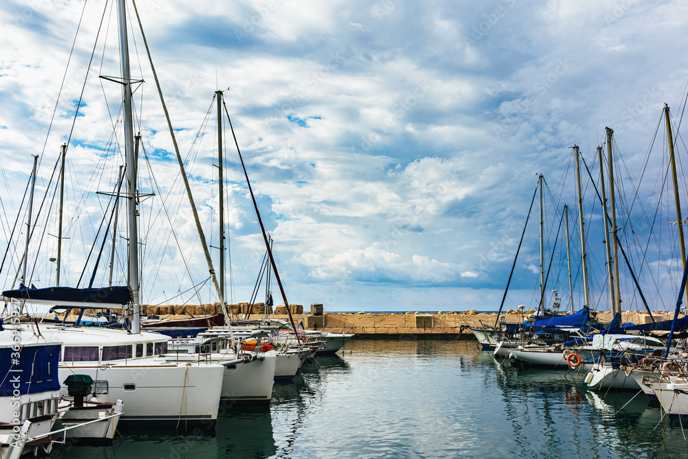 Obraz premium Sailboats in the old port of the ancient Jaffa. Tel Aviv, Israel.