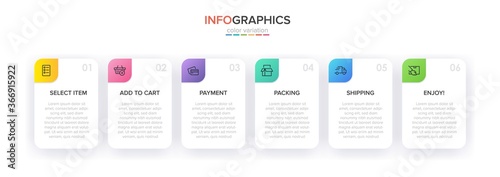 Concept of shopping process with 6 successive steps. Six colorful graphic elements. Timeline design for brochure, presentation, web site. Infographic design layout.