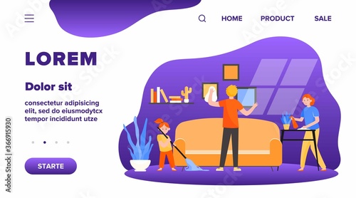 Happy family cleaning apartment flat vector illustration. Cartoon mother, father and daughter housekeeping together. Togetherness, flat, home and household concept