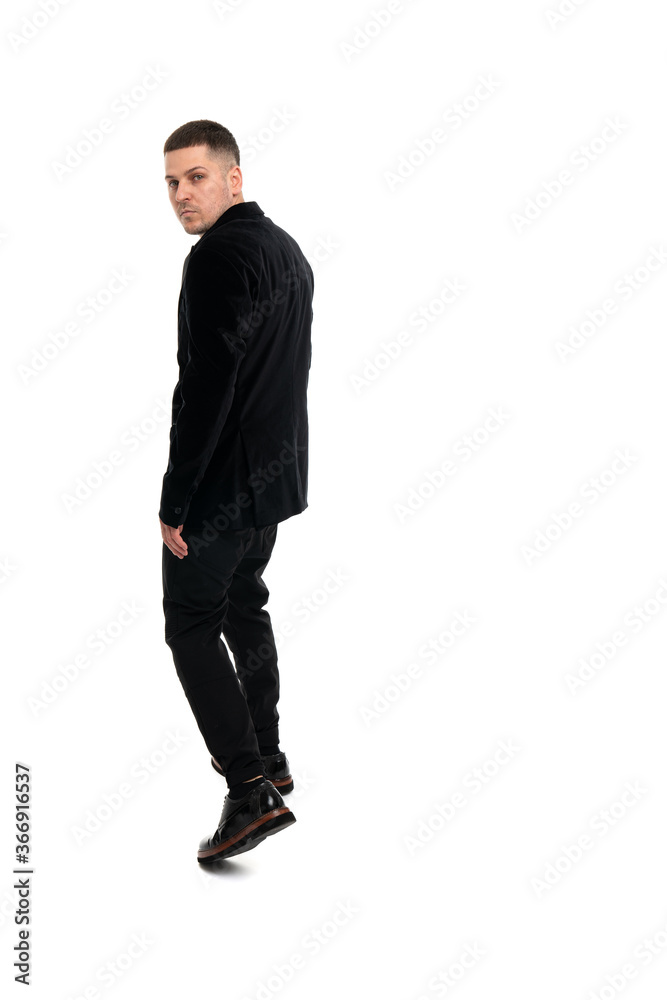 Rear view of walking businessman, isolated on white background Rear view of walking businessman, isolated on white background