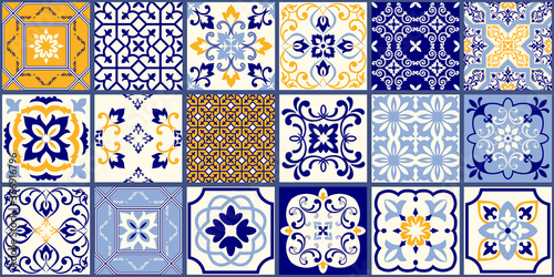 Collection of 18 ceramic tiles in turkish style. Seamless colorful patchwork from Azulejo tiles. Portuguese and Spain decor. Islam, Arabic, Indian, Ottoman motif. Vector Hand drawn background photo