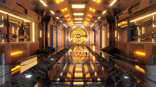 3D Futuristic Architecture Sci-Fi Corridor Interior Yellow Goldren Neon Background Symmetry Closeup