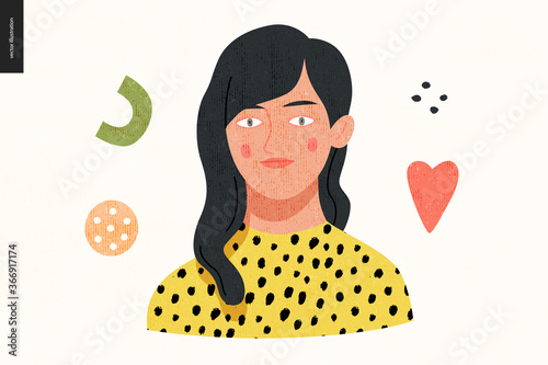 Beautiful people portrait - hand drawn flat style vector design concept illustration of a young brunette woman, face and shoulders avatar with texture. Flat style vector icon
