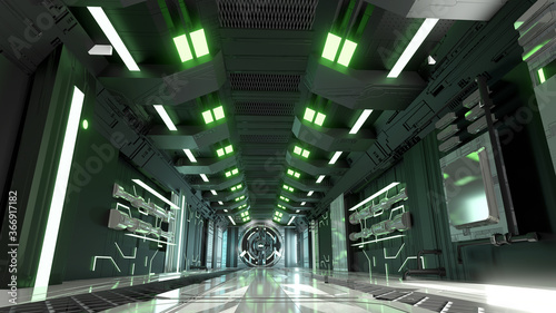 Fototapeta Naklejka Na Ścianę i Meble -  3D Futuristic Architecture Sci-Fi Corridor Interior Black Green Neon Background Perspective