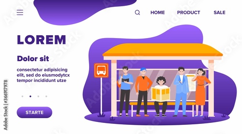 Cartoon passengers standing at bus stop flat vector illustration. Women and men waiting for public transport. Transportation, driving and conveyance concept