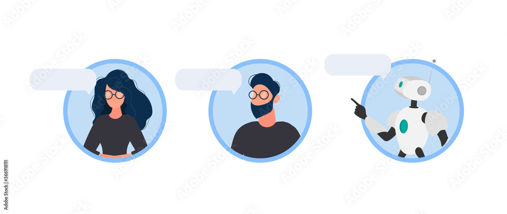 Dialogue icons. Support Woman and man. Chatbot. Icons for apps, websites and banners. Isolated. Vector. Dialogue icons. Support Woman and man. Chatbot. Icons for apps, websites and banners. Isolated. Vector.