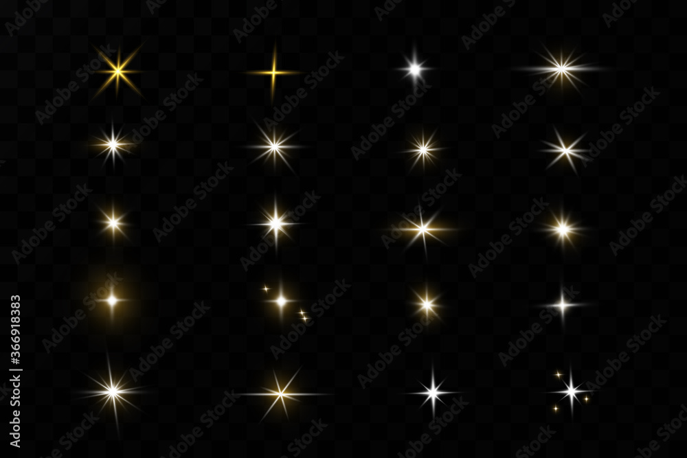 Obraz premium Shining golden stars isolated on black background. Effects, glare, lines, glitter, explosion, golden light. Vector illustration.Set. 