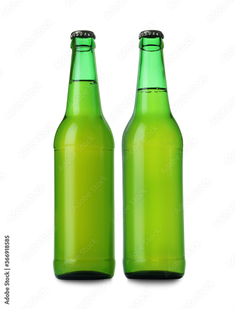 Green bottles with beer isolated on white Green bottles with beer isolated on white