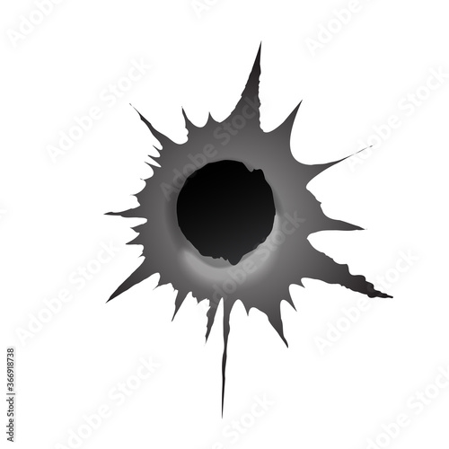 Bullet hole on white background. Realisic metal bullet hole, damage effect. Vector illustration.