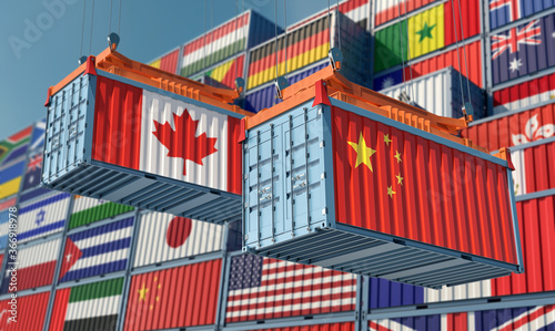 Freight containers with Canada and China flag. 3D Rendering 