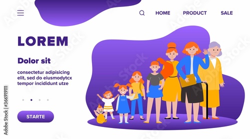 Cartoon woman in different age flat vector illustration. Female character growing cycle from child to old person. Generation and life development concept