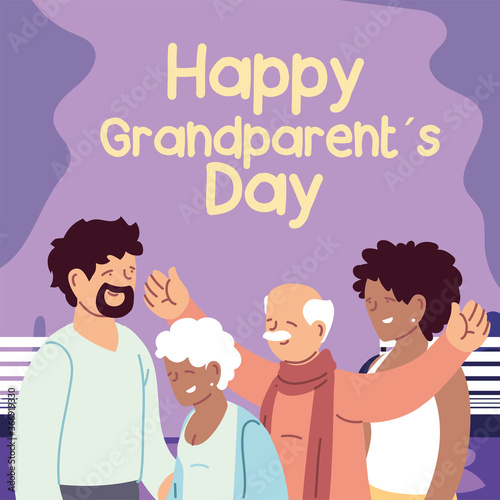 happy family, granddaughter, grandson and grandparents celebrating grandparents day