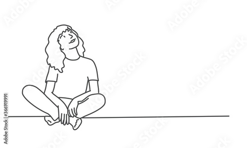 Girl sit on the floor and look up. Line drawing vector illustration.