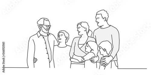 Happy family looking into distance. Granddad, grandmother, father, mother, son, daughter. Line drawing vector illustration.