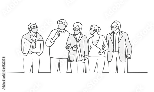 Old people in protection masks. Line drawing vector illustration.