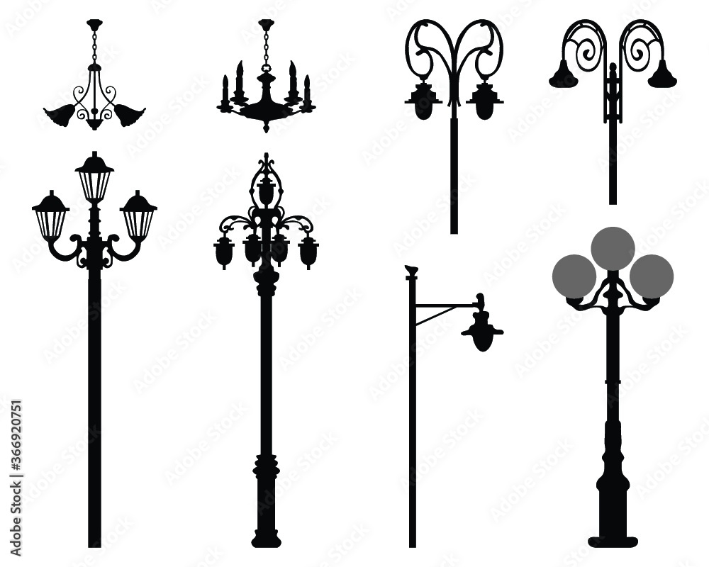 Black silhouettes of city street lanterns on a white background
Black silhouettes of city street lanterns on a white background