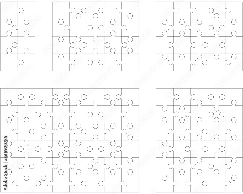 Illustration of five different white puzzles, separate pieces Illustration of five different white puzzles, separate pieces