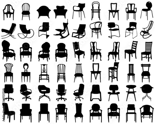 Black silhouettes of different chairs on a white background