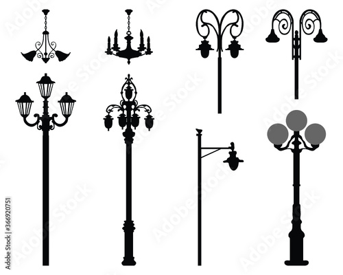 Black silhouettes of city street lanterns on a white background	
