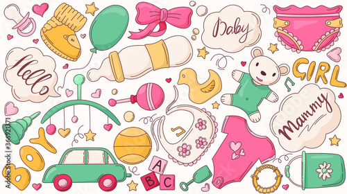 Vector illustration of cartoon baby pattern with things for a newborn.