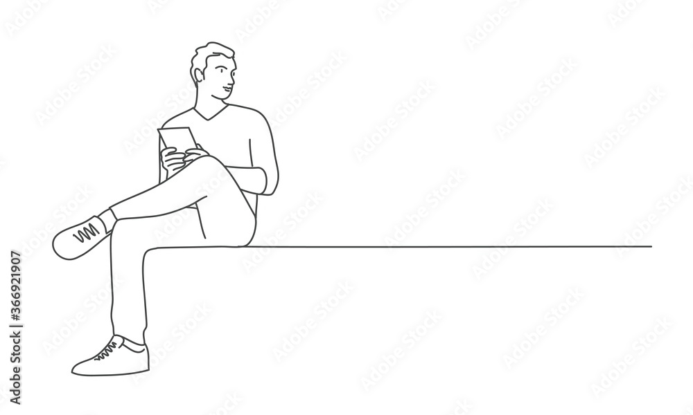 Line drawing vector illustration of sitting man with a book.