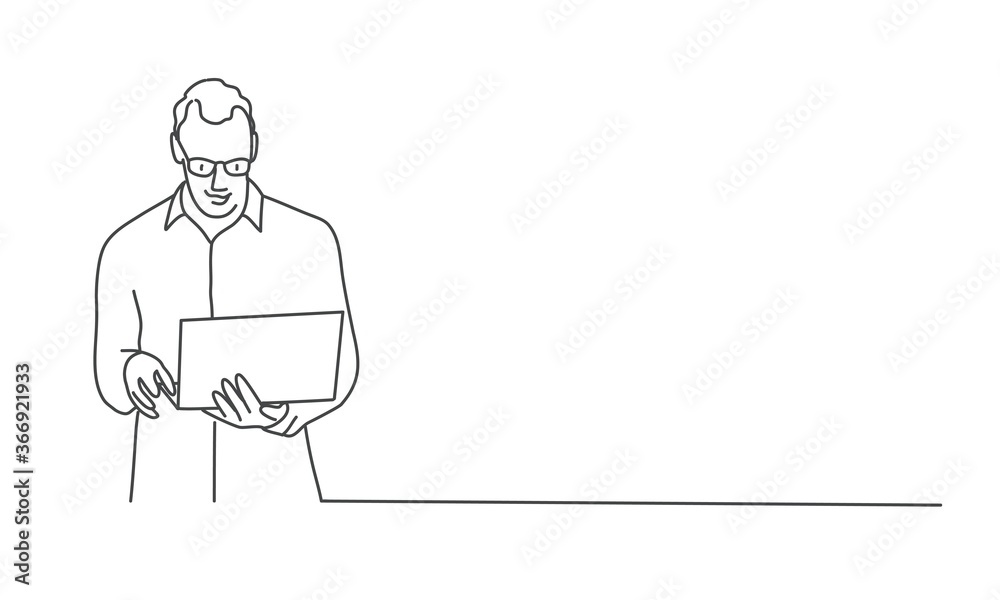 Line drawing vector illustration of man with glasses using laptop.
