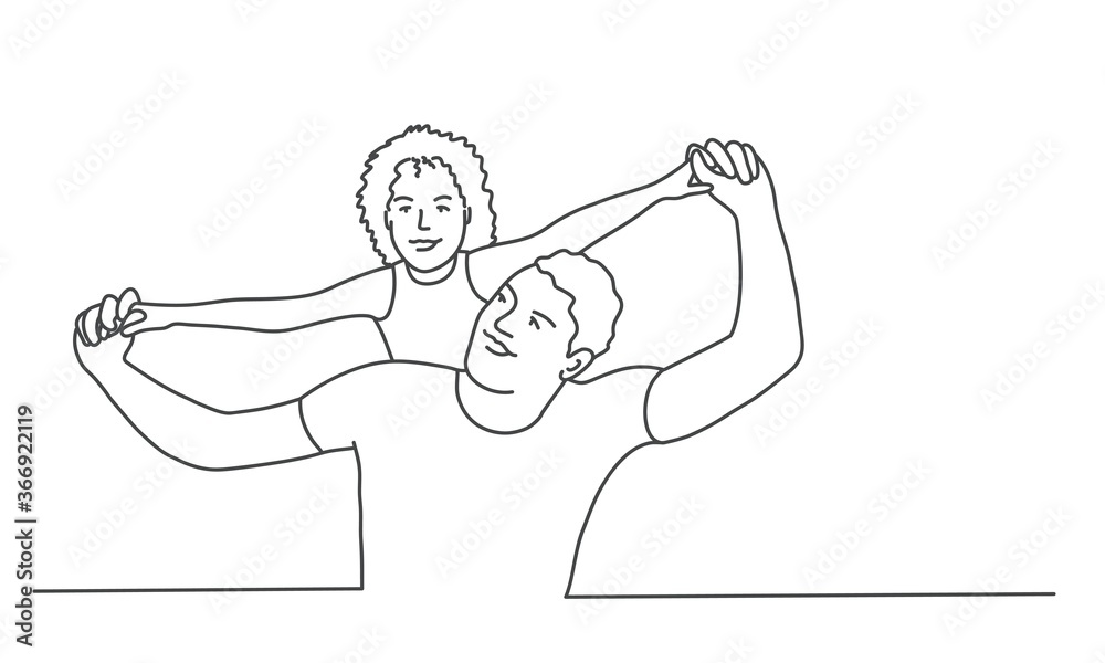 Dad with daughter on his shoulders. Line drawing vector illustration. Dad with daughter on his shoulders. Line drawing vector illustration.