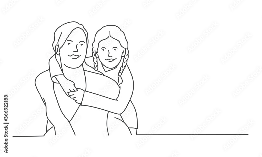 Happy family. Mother and daughter hug. Line drawing vector illustration.