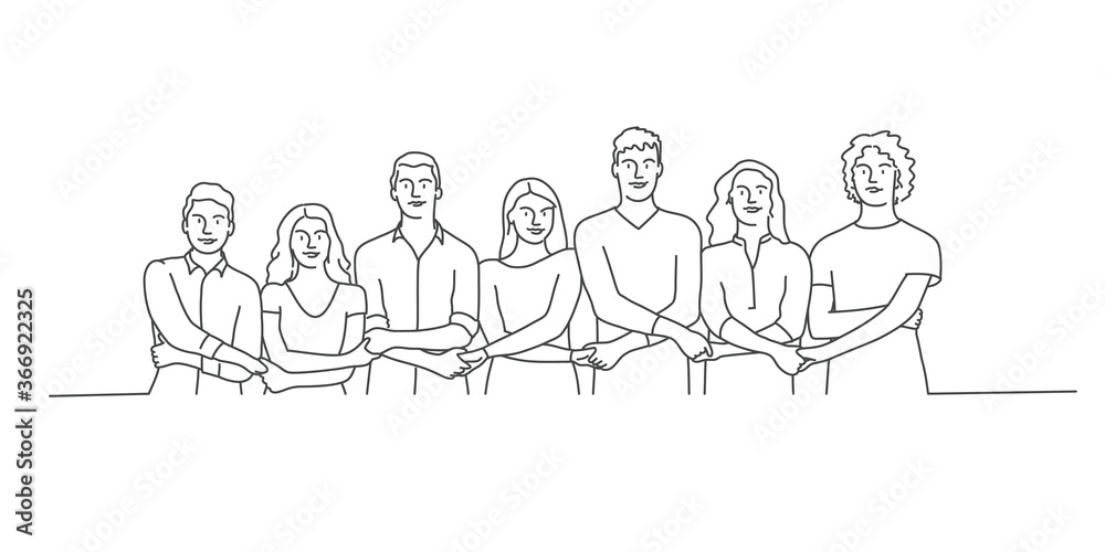 People holding hands together in a line. Line drawing vector illustration.