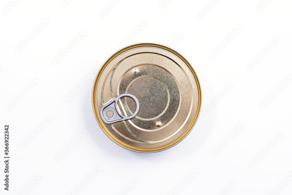 Round metal can top view. Food container isolated on white - for fish, ham, meat, vegetables. Round preserve box. Round metal can top view. Food container isolated on white - for fish, ham, meat, vegetables. Round preserve box.