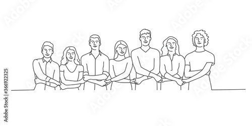 People holding hands together in a line. Line drawing vector illustration.