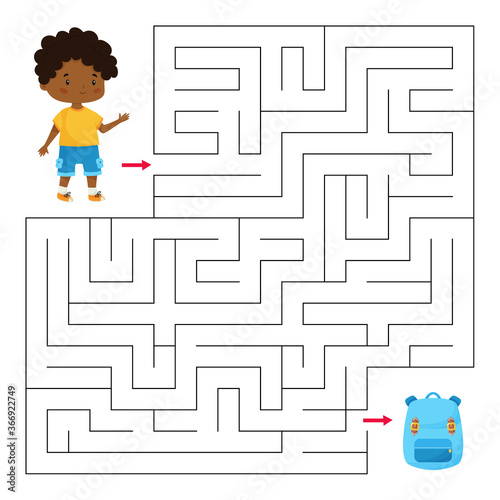 Educational maze game for preschool and school children. Help the boy find right way to his school bag. Cute cartoon vector character. Activity worksheet. Back to school.