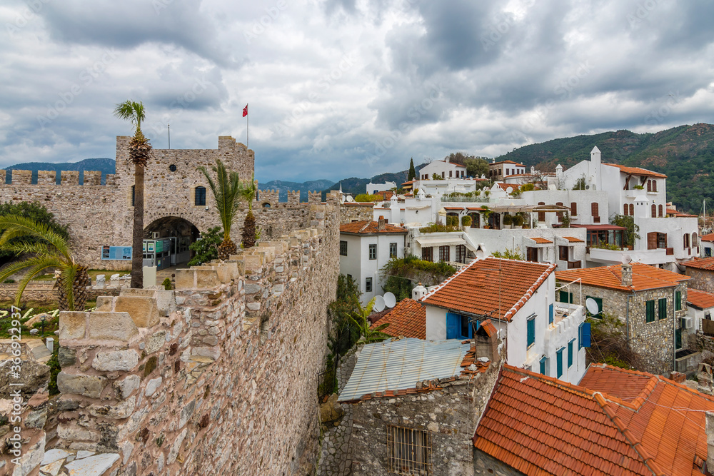 Marmaris Castle amd old town view in Marmaris Town. Marmaris Castle is populer tourist attraction in Turkey.