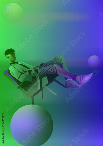 Vector illustration of a guy with balloons abstract background with neon light