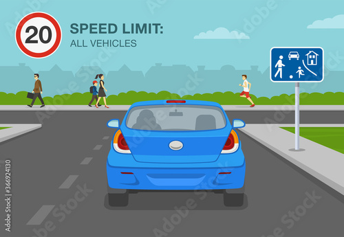 Cars, motorcycles and all other vehicles on a residential area or living street road speed limit. Back view of a blue modern car. Flat vector illustration template.