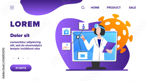 Physician giving recommendation for quarantine. Coronavirus, pandemic, mask flat vector illustration. Medicine and healthcare concept for banner, website design or landing web page