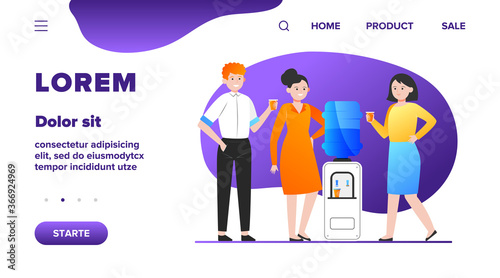 Positive people drinking water at cooler. Office colleagues, chatting, break flat vector illustration. Beverage, refreshment, watercooler concept for banner, website design or landing web page