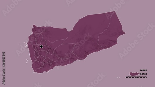 Al Dali', governorate of Yemen, with its capital, localized, outlined and zoomed with informative overlays on a administrative map in the Stereographic projection. Animation 3D photo