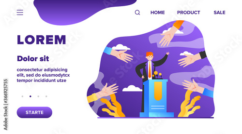 Candidate election campaign. Hands of voters pointing at politician flat vector illustration. Political leader, voting, referendum concept for banner, website design or landing web page