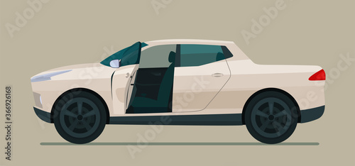 Electric pickup car with open door isolated, side view. Vector illustration.