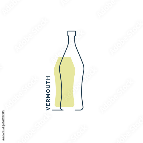 Bottle continuous line vermouth in linear style on white background. Black thin outline and color fill. Modern flat style graphic design. Logo element illustration. Contour drink symbol