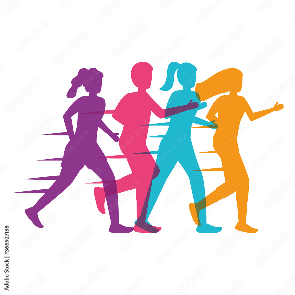 young people silhouettes running avatars characters