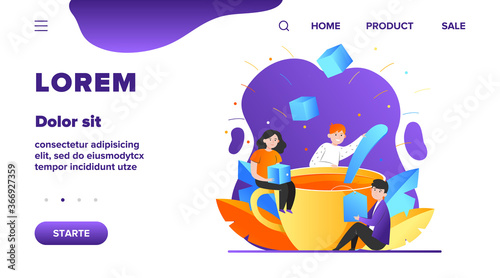 Happy people mixing sugar in big cup of tea. Spoon, office, lunch flat vector illustration. Hot beverages and coffee break concept for banner, website design or landing web page