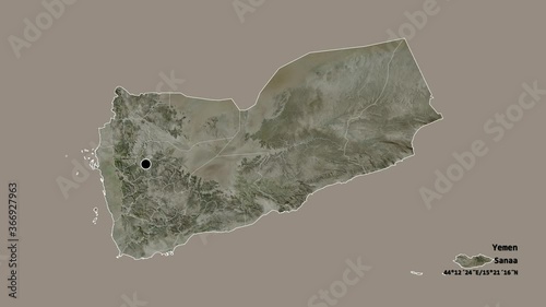 Al Mahrah, governorate of Yemen, with its capital, localized, outlined and zoomed with informative overlays on a satellite map in the Stereographic projection. Animation 3D photo